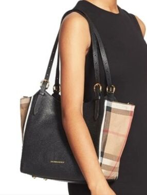 Burberry Black Leather Shoulder Tote with Beige Check Sides